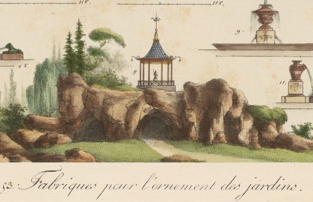 Gravure tirÃ©e de lâouvrage de Gabriel Thouin Â« Plans raisonnÃ©s de toutes les espÃ¨ces de jardins Â» reprÃ©sentant diffÃ©rents Â« ornements Â» de jardin dont une grotte surmontÃ©e dâun kiosque.