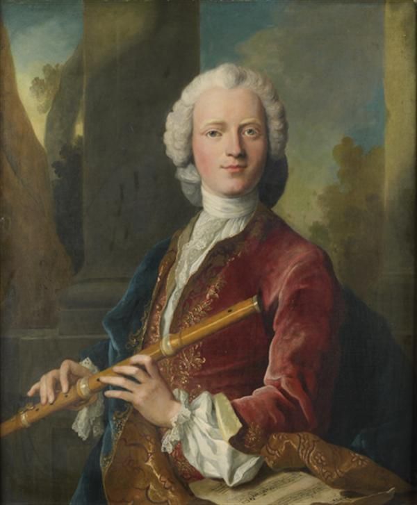 Flûte traversière : introduite dans l’orchestre au 17ème siècle par Lully, elle fut employée comme instrument solo au 18ème siècle, en particulier par Vivaldi (concertos) et JS Bach (sonates) - (Portrait de gentilhomme jouant de la flûte traversière, Henri Millot; ? - ? 1756).