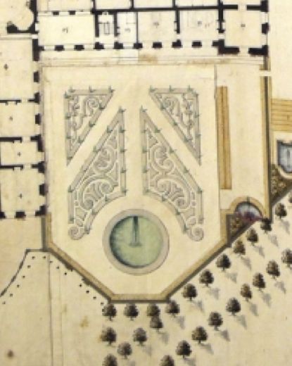 Plan du château, des Parterres hauts, du jardin du Roi et des sources de Trianon, entre 1703 et 1710 (détail de la retombe du nouveau parterre quadripartite du jardin du Roi)