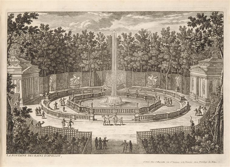 Vue du bosquet des Bains d’Apollon (bosquet des Dômes) dans les jardins de Versailles, Recueil édité sous le règne de Louis XIV (1643-1715)